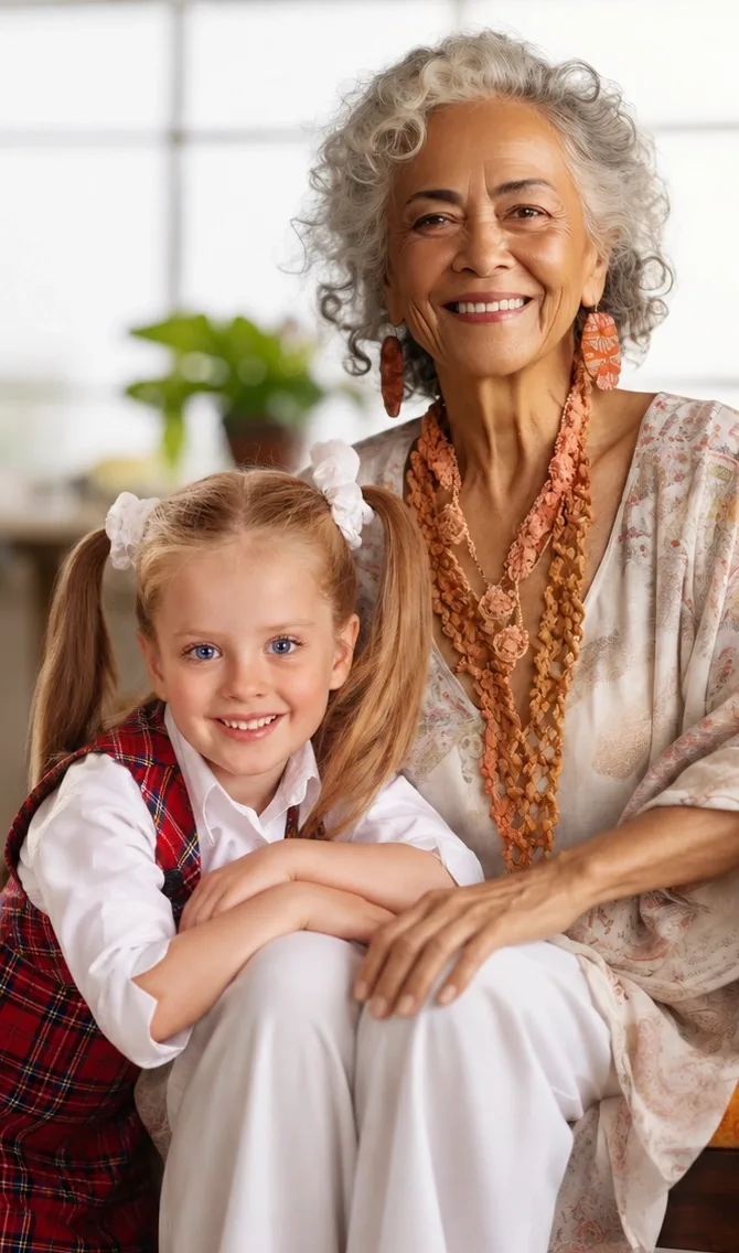 Grand-maman souriante et sa petite-fille — des étiquettes pour toute la famille