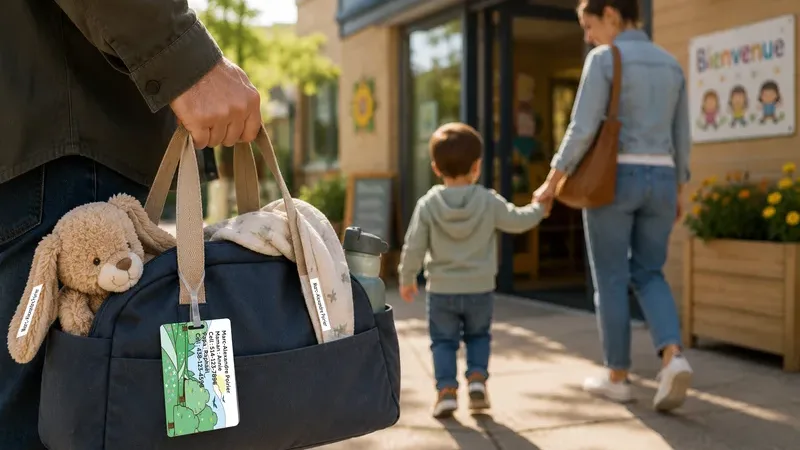 Daycare bag identified by a personalized baggage label on arrival at the daycare
