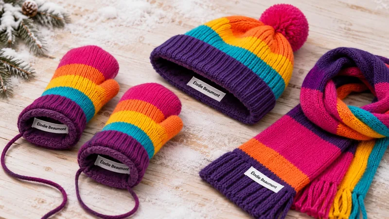 Tuque, mitaines et foulard rayés multicolores avec étiquettes de nom