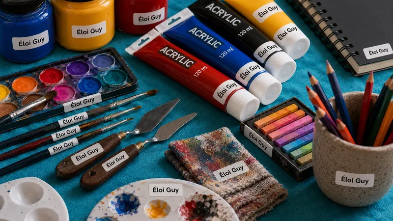 Matériel d'arts plastiques identifié avec des étiquettes « Éloi Guy » : tubes de peinture acrylique, pinceaux, spatules, pastels, crayons de couleur et palette