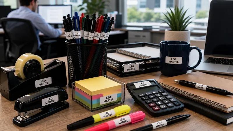 Fournitures de bureau identifiées avec des étiquettes « Léo Martel » : stylos, surligneurs, agrafeuse, dévidoir de ruban, calculatrice, notes autocollantes et tasse