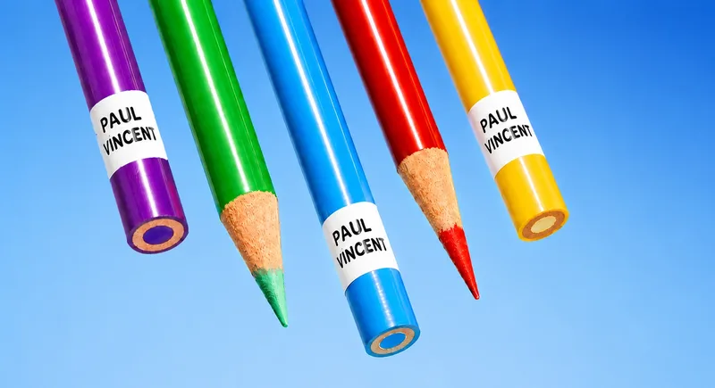 Crayons de couleur identifiés avec des étiquettes personnalisées au nom de Paul Vincent