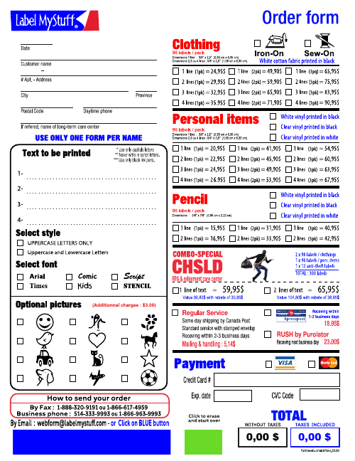 Preview of the standard order form