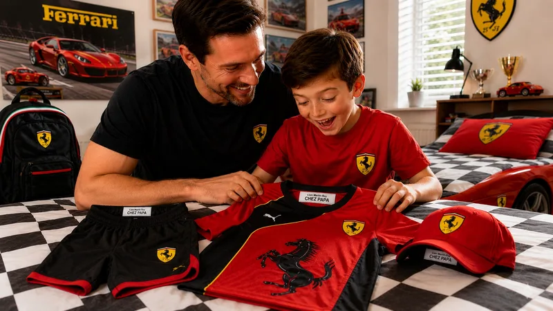Père et fils admirant des vêtements Ferrari avec étiquettes de nom « Liam Martin-Roy — CHEZ PAPA » au col du chandail, du short et de la casquette