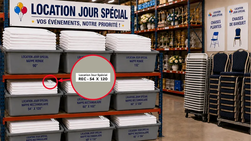 Entrepôt de Location Jour Spécial : bacs de nappes rondes et rectangulaires identifiés par étiquettes « Location Jour Spécial — REC - 54 X 120 », avec chaises pliantes et de banquet