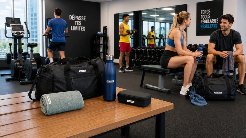 Salle d'entraînement avec sac de sport, bouteille, serviette et étui identifiés au nom de Marc Tremblay