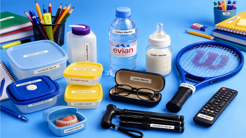 Everyday items marked with personalized labels: containers, bottles, glasses, school supplies, racket, cane and remote control