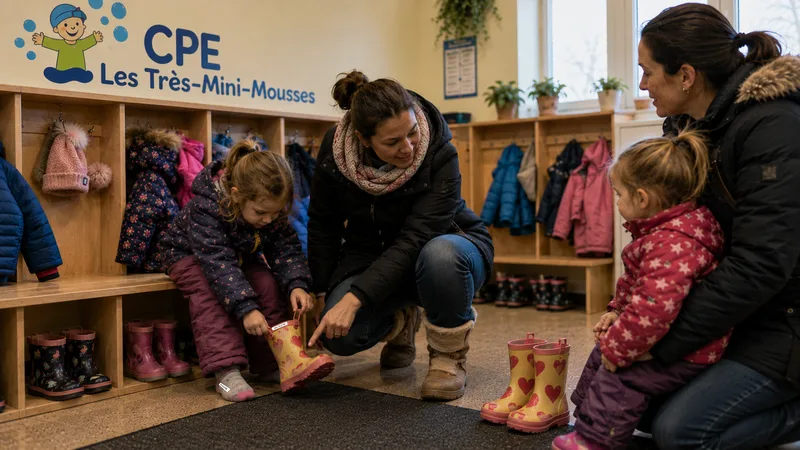 Vestiaire du CPE : bottes et vêtements d'enfants identifiés