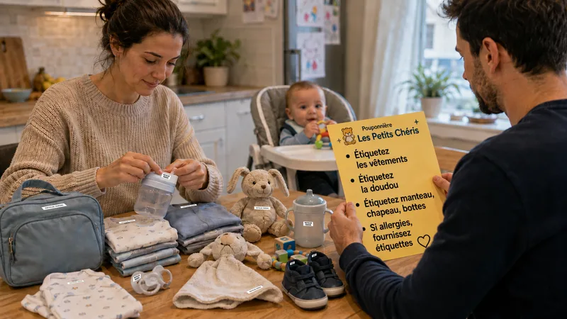 Préparation pour la pouponnière : vêtements, doudou et effets à étiqueter