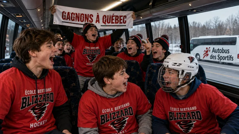Équipe sportive en autobus vers Québec