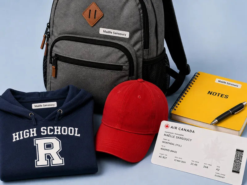 A student's belongings identified with her name for a school trip: backpack, hoodie, notebook, Student Travel cap and boarding pass